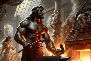 Hephaestus working at his forge with Aphrodite lingering behind