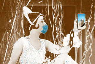 Vintage flapper girl photoshopped wearing a blue face mask, holding a cell phone with a money bill stack going up and down.