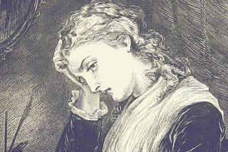 A Victorian drawing of a crying woman.