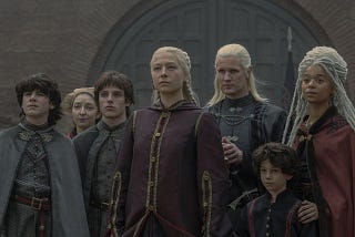 Rhaenyra and Daemon Targaryon with their children as they return to Kings Landing.