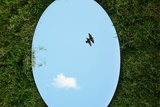 A oval mirror laying on the grass facing the sky