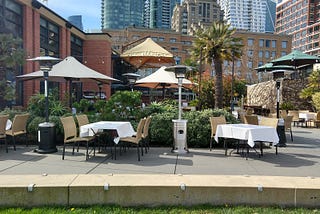 An outdoor dining patio in downtown San Francisco.