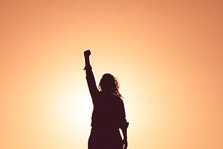 Sillouette of a person raising a fist into the sunset.