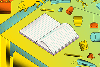 An illustration of a messy desk with an empty lined journal.