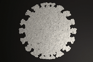 Overhead view of a coronavirus molecule made of journal articles. More are falling onto the pile.