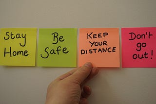 Post-It notes saying stay home, be safe, keep your distance, and don’t go out