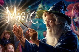 A bearded magician spells out MAGIC with his wand at a kids’ party, while the children look on in wonder