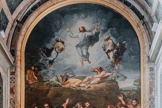 Reinassence Painting, Jesus flying in clouds and people down on earth looking at him and others with him