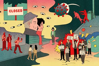 Illustration showing Asian Americans protesting, covid virus, anti-Asian hate on the streets, small businesses closing, portraying a tumultuous 2020.