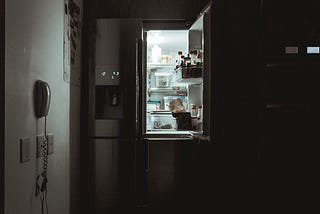 An open, lit refrigerator in a dark kitchen waiting for a fridge forage session to find your next meal.