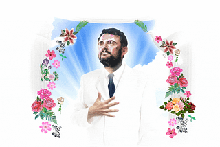 An illustration of Gary Vaynerchuk in a white suit with his hand over his chest, looking upward as flowers surround him