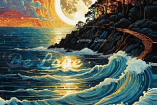 An illustration of the Sun and Moon meeting over the ocean waving to our shore