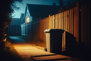 A plastic trash bin in a dark alley