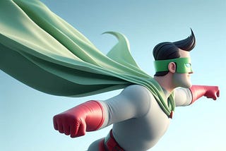 A superhero flying the sky, with a light green cape, a light green mask on his eyes, light grey clothes, red gloves, red belt, red boots, dark hair, who is a developer and not very muscular.