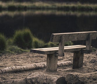 A lonely empty bench next to a lake during late moody sunset.