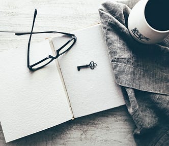 A black and white image of an open book with glasses and a key on it, and next to it a cloth and a cup of coffee.