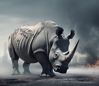 Midjourney generated image of a gray rhino on top of the heating world