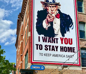 Uncle Sam like guy pointing and the words say, “I want you to stay home to keep America Safe”