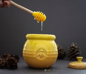 Honey pot on table with pine cones