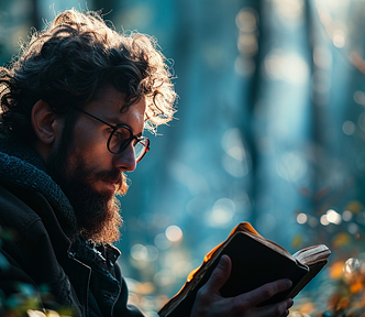AI image created on MidJourney by henrique centieiro and bee lee. photo of a bearded man with glasses, he’s reading a thick book, at dawn hour, light leaks