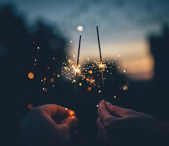 Two hands holding sparklers, the sunset in the background
