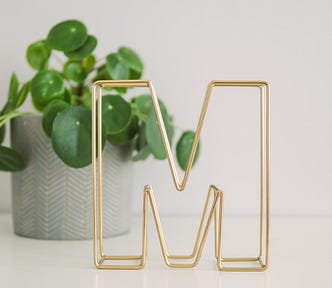 A wire framed M on a table in front of a plant, meant to represent the M from Medium.com