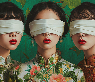 Remove your blindfold of inattention and learn these uncommon but powerful MidJourney V6 prompting tricks with me! a portrait of three women with a white blindfold covering her eyes, in the style of chinese cultural themes, photorealist details, green background, uniformly staged images, graphic novel-inspired, futuristic victorian, mysterious mood — ar 16:9 — style raw — v 6.0 AI image created on MidJourney V6 by henrique centieiro and bee lee