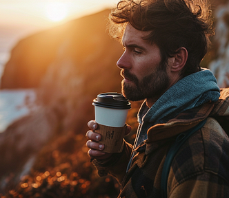 How can your daily coffee money make you rich? photo of a man drinking takeaway coffee, side profile, dawn hour, colorized image. AI image created on MidJourney V6 by henrique centieiro and bee lee