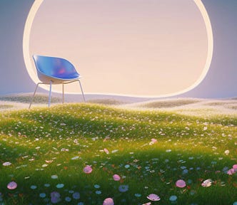 truman show like landscape, blue retro chair, serene flower landscape, wizard of oz like landscape, dillusion