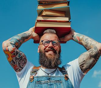 photo of a man with glasses, tattoo and beard, holding many many books, in victory posture, bright and sunny day, AI image created on MidJourney by Henrique Centieiro and Bee Lee