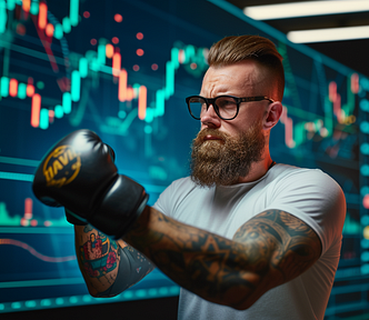 I beat 98.4% of Wall Street Investment last year. A man with beard, tattoo and glasses fighting with gloves in wall street. (AI image created on MidJourney V6 by Henrique Centieiro and Bee Lee)