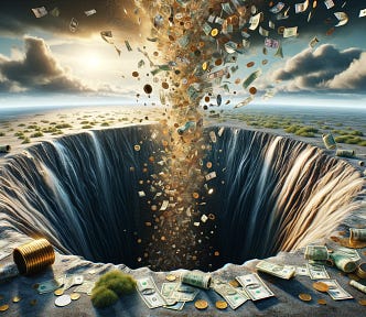 ChatGPT & DALL-E generated panoramic image depicting a metaphorical bottomless pit with money flowing into it