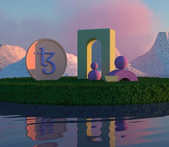 An abstract cartoon of crypto floating on a boat of grass with bridge in the middle and 2 cartoon people sititng on the boat. Water in the foreround and hazy mountains in the background