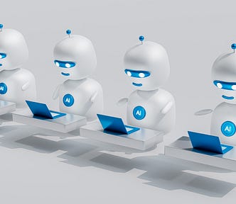 4 humanoid robots on laptops with ‘AI’ written on their chests