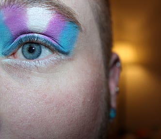 Close-up of eye with trans flag eye makeup