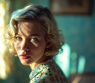 Minimalistic portrait of a 60s blonde woman in a room, expressionless, 60s hairstyle, 60s fashion, sunrays, light teal and amber, soft hues, Cinestill 50D, generated on midjourney V6 by henrique centieiro and bee lee