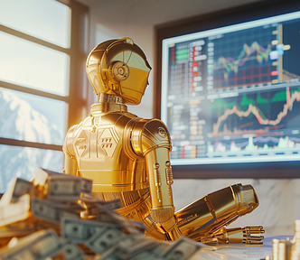 I have built a “Buy the dip pro bot” Trading Bot that helps you always buy the dips, so you can keep your hands off. (AI image created on MidJourney V6 by Henrique centieiro and bee lee) golden robot sitting and looking at a large screen of investment charts, with piles of money and gold coins around.