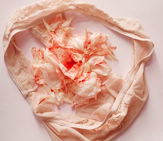 A pair of blush pink lacy panties are laid on a surface that’s almost the same colour. What looks like a falling-apart peony, also a light blush pink, is laid on the gusset (aka crotch) of the panties and there’s blood on the flower.