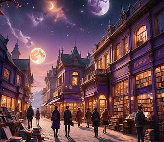 “The moon greets new writers as they arrive at the bookstore”