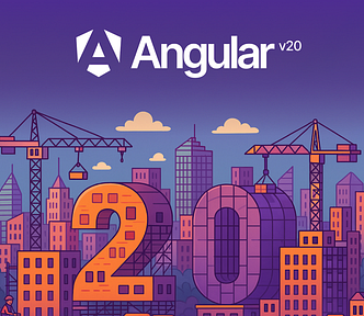 A banner image showing the text “Angular v20” with the Angular logo in the front. Under this, there’s the number 20 in a animated construction site with a skyline.