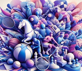 Hobbies in job applications: many elements like horses, tennis players, basketballs on top of each other