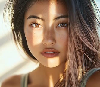 extremely close up photo of a asian woman, pink hair, shadow play reflecting through a window onto her skin and eyes, beach background, AI image created by Henrique centieiro and bee lee using Midjourney V6.1