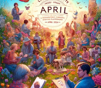 Vibrant LODESTAR PROMPTS APRIL 2024 theme illustration with diverse individuals engaging in creativity amid spring blooms, symbolizing a no-stress playground.