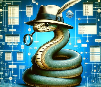 A python wearing a hat with a feather in it, holding a magnifying glass with representations of database tables in the background