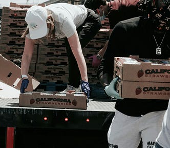 A woman, face hidden by a white cap, bending down to pick up a flat of strawberries. A man in front of her, also with face hidden, carrying two flats of strawberries.