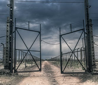 Large steel gates leading to a dirt track