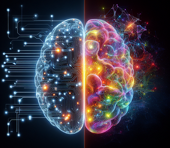 A split-screen image showing an AI-powered brain on one side and a human brain on the other, representing the collaboration between human creativity and AI assistance.