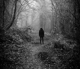 Lone figure on a woodland path — black and white photo to make it spookier