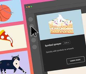 Digital illustrations of a basketball, a slice of pizza, and a cat are alongside a stylized representation of Adobe Illustrator with a cursor pointing to a tool in the toolbar and the Symbol sprayer tooltip open alongside it.