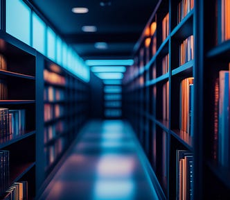 Imagem digital de um corredor de uma biblioteca, em tons de azul, com livros nas estantes, iluminados por luzes amarelas.